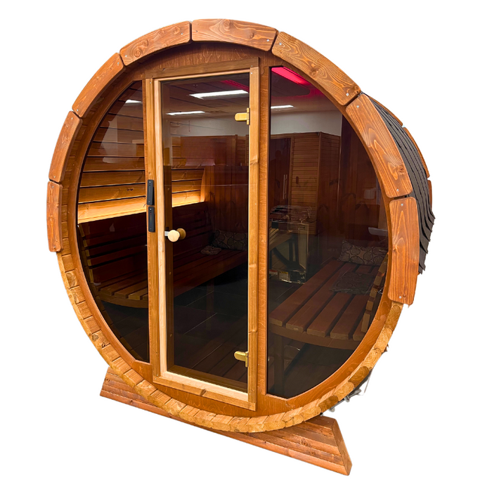SaunaLife 6 Person 7' Long Outdoor Traditional Barrel Sauna w/ Glass Front | Ergo Model E8G