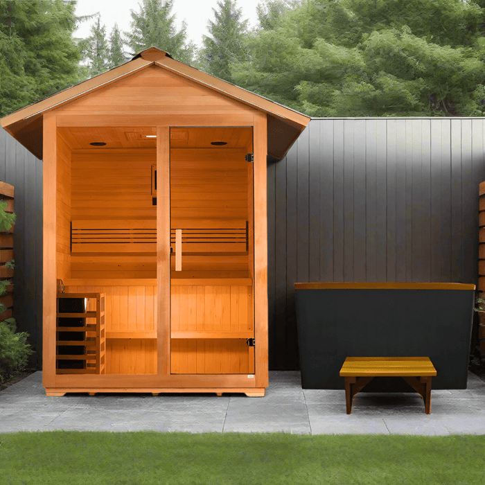 Golden Designs Arlberg 3-Person Outdoor Sauna & Harvia Traditional Electric Heater Kit + Red Light Therapy | GDI-8103-01