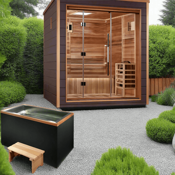Golden Designs Drammen 3-Person Cedar Outdoor Sauna & Harvia Traditional Electric Heater Kit + Red Light Therapy | GDI-8203-01