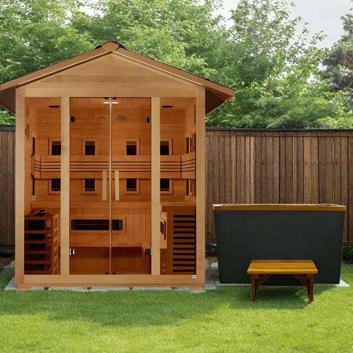 Golden Designs Gargellen 5-Person Hybrid Outdoor Sauna w/ Full Spectrum Infrared & Harvia Traditional Electric Heater Kit + Red Light Therapy | GDI‐8125‐01