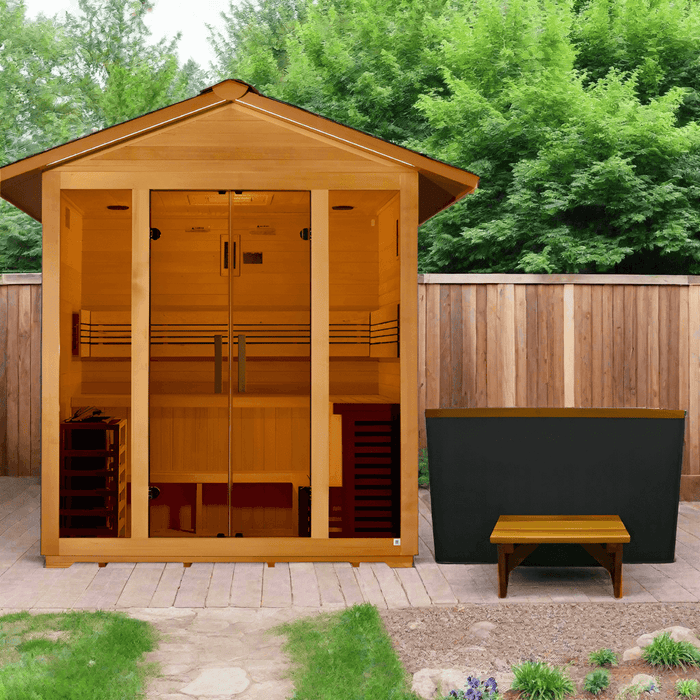 Golden Designs Vorarlberg 5-Person Outdoor Sauna & Harvia Traditional Electric Heater Kit + Red Light Therapy | GDI-8105-01