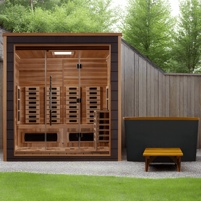 Golden Designs Visby 3-Person Hybrid Outdoor Sauna w/ Full Spectrum Infrared & Harvia Traditional Electric Heater + Red Light Therapy Kit | GDI-8223-01