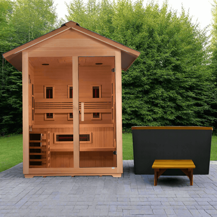 Golden Designs Carinthia 3-Person Hybrid Outdoor Sauna w/ Full Spectrum Indoor Infrared & Harvia Traditional Electric Heater Kit + Red Light Therapy | GDI-8123-01