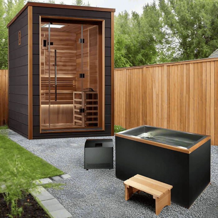 Golden Designs Narvik 2-Person Cedar Outdoor Sauna & Harvia Traditional Electric Heater Kit + Red Light Therapy | GDI-8202-01