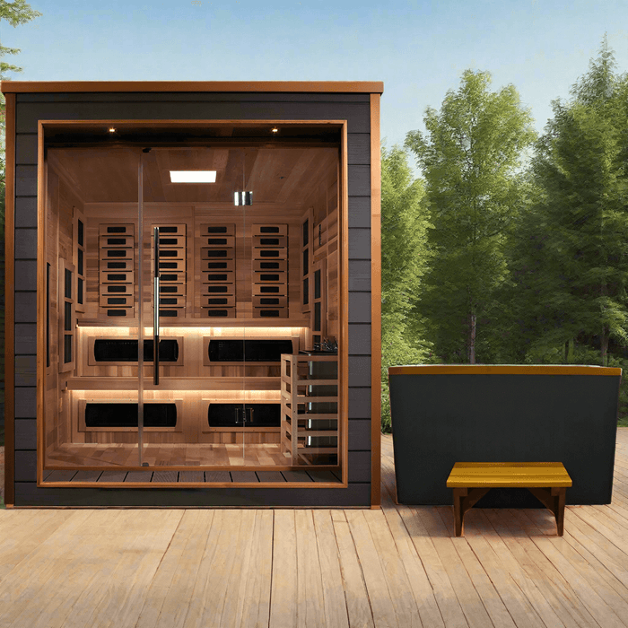 Golden Designs Karlstad 6-Person Hybrid Outdoor Sauna w/ Full Spectrum Infrared & Harvia Traditional Electric Heater + Red Light Therapy Kit | GDI-8226-01