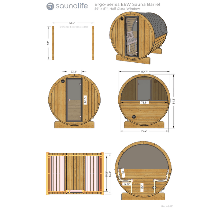 SaunaLife 2-4 Person 5' Long Outdoor Traditional Barrel Sauna  | Ergo Model E6