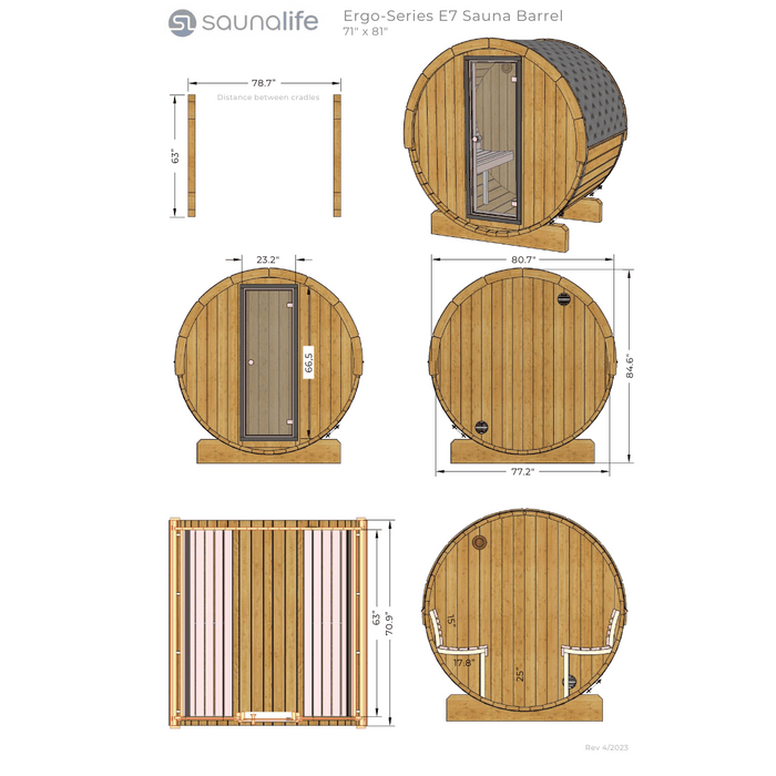 SaunaLife 4 Person 6' Long Outdoor Traditional Barrel Sauna w/ Glass Front | Ergo Model E7G