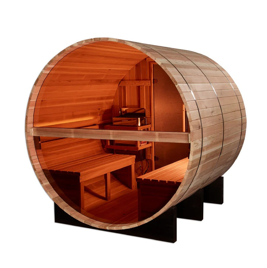 Golden Designs Zurich 4-Person Barrel with Bronze Privacy View Traditional Sauna – Pacific Cedar
