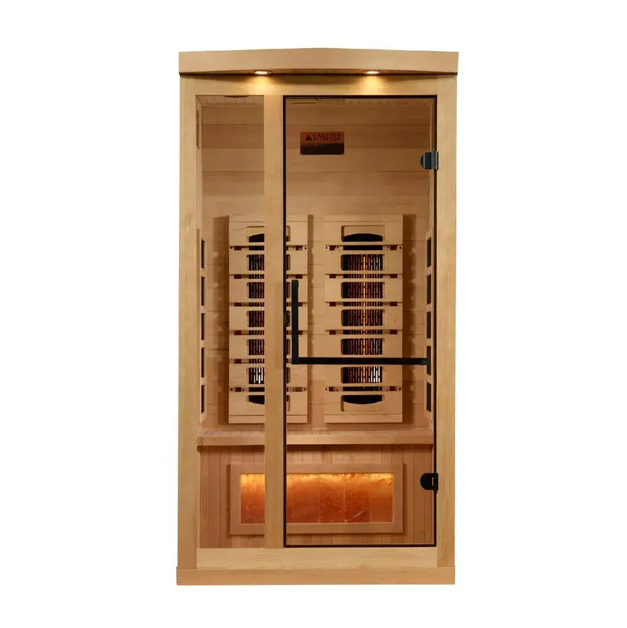 Golden Designs 2025 Reserve Edition 1–2 Person Full Spectrum PureTech Near Zero EMF Far Infrared Sauna with Himalayan Salt Bar – Canadian Hemlock