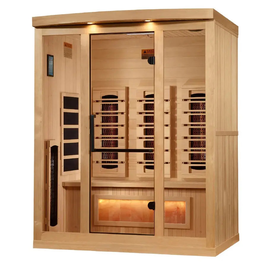Golden Designs 2025 Reserve Edition 3-Person Full Spectrum PureTech Near Zero EMF Far Infrared Sauna with Himalayan Salt Bar – Canadian Hemlock