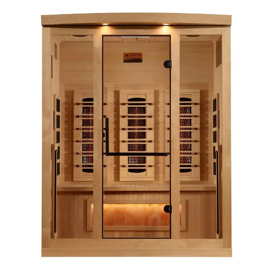 Golden Designs 2025 Reserve Edition 3-Person Full Spectrum PureTech Near Zero EMF Far Infrared Sauna with Himalayan Salt Bar – Canadian Hemlock