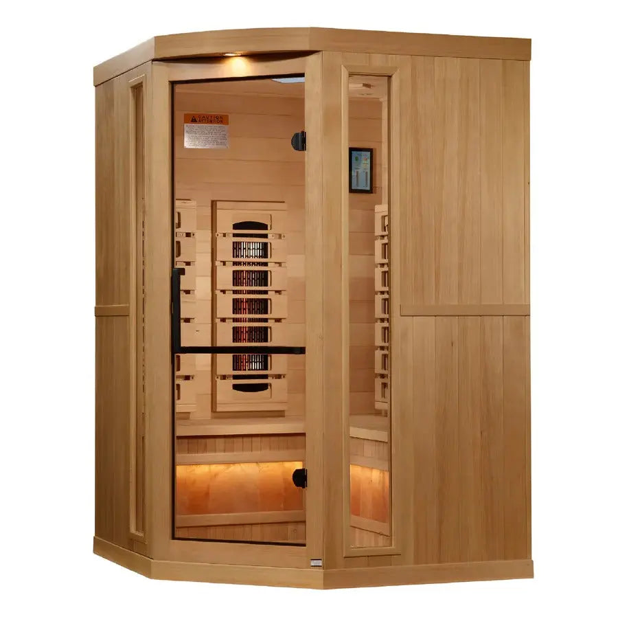 Golden Designs 2025 Reserve Edition 3-Person Corner Full Spectrum PureTech Near Zero EMF Far Infrared Sauna with Himalayan Salt Bar – Canadian Hemlock