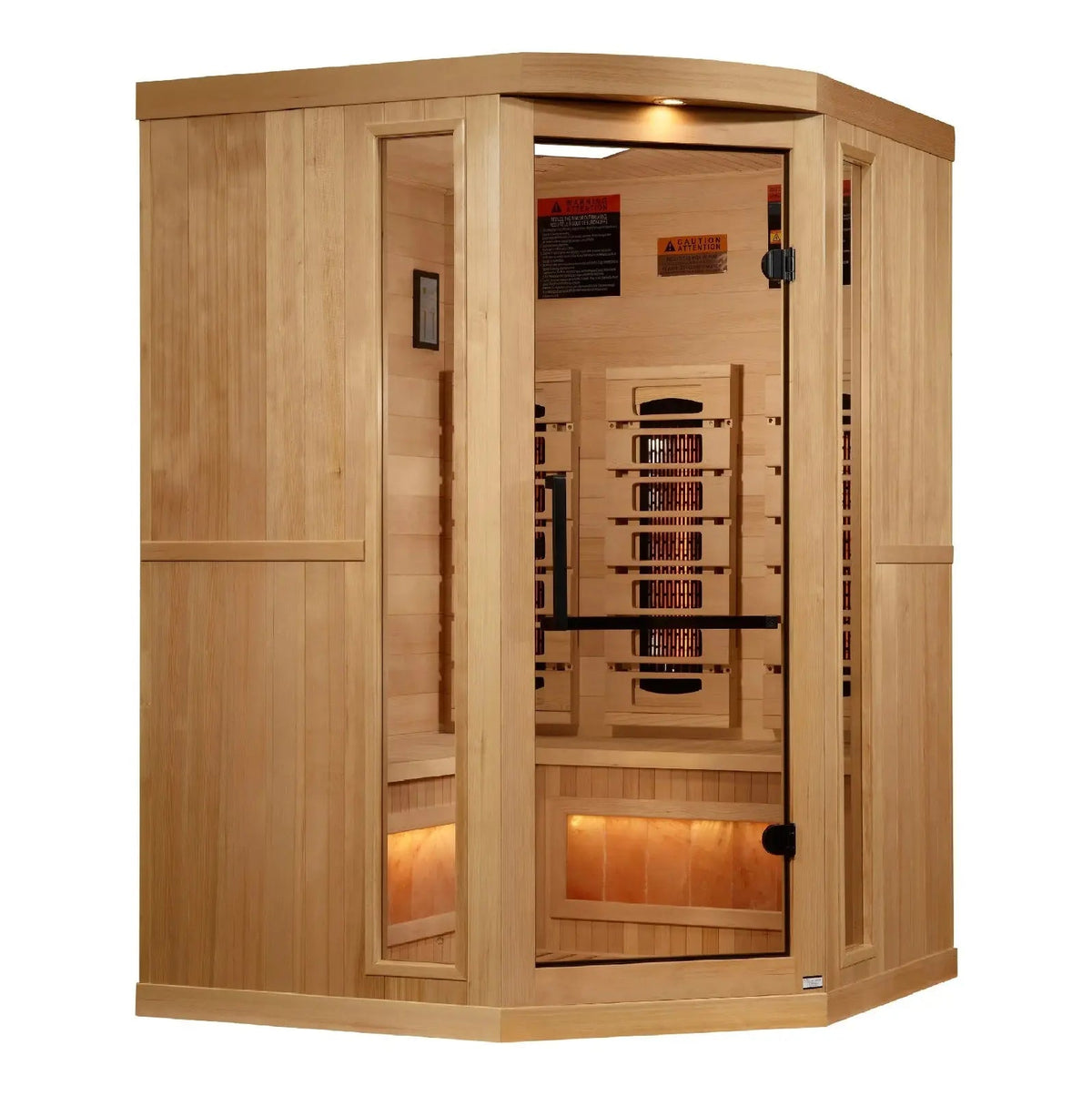 Golden Designs 2025 Reserve Edition 3-Person Corner Full Spectrum PureTech Near Zero EMF Far Infrared Sauna with Himalayan Salt Bar – Canadian Hemlock