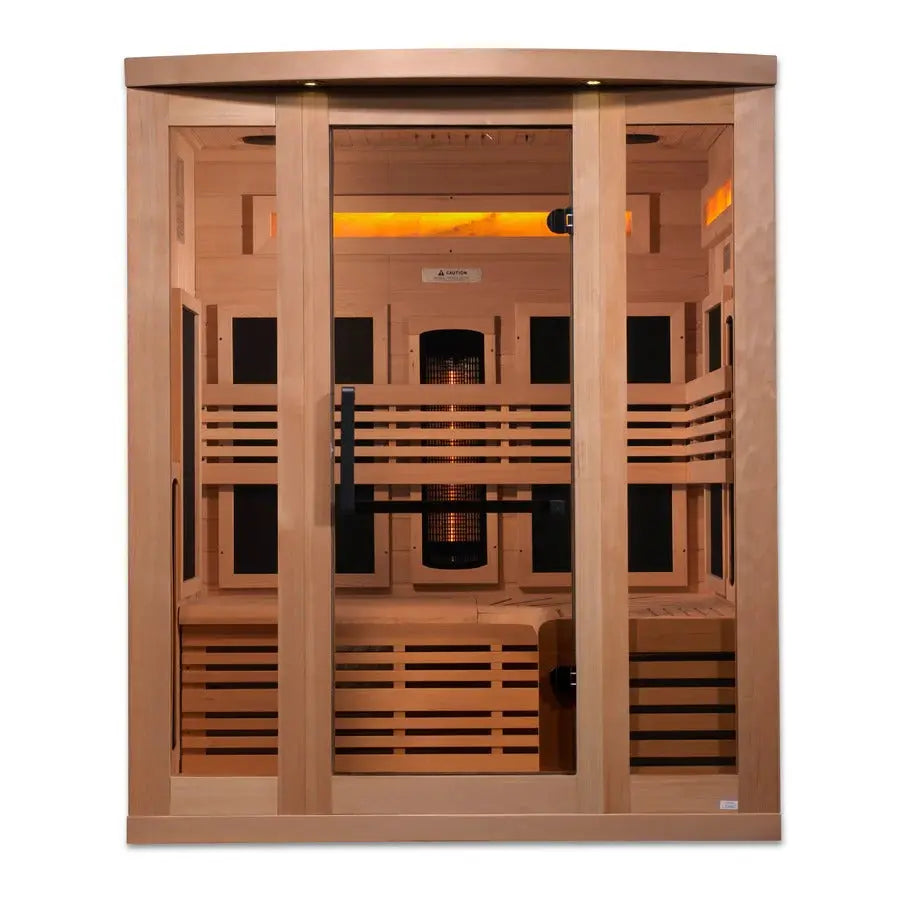 Golden Designs Reserve Edition 3-Person Full Spectrum PureTech Near Zero EMF Far Infrared Sauna with Himalayan Salt Bar – Canadian Hemlock