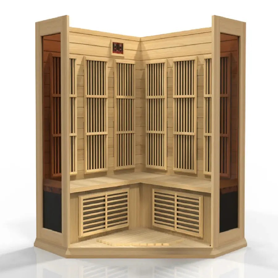 Golden Designs Maxxus 3-Person Corner Low EMF Far Infrared Sauna – Canadian Hemlock