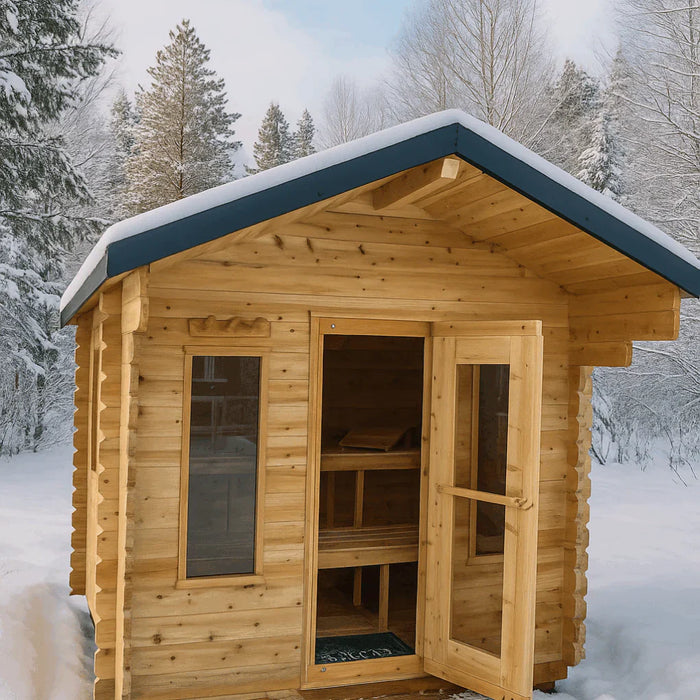 Dundalk Leisurecraft Canadian Timber 4 Person Palmer Outdoor Traditional Cabin Sauna With Roof Overhang | CTC68E