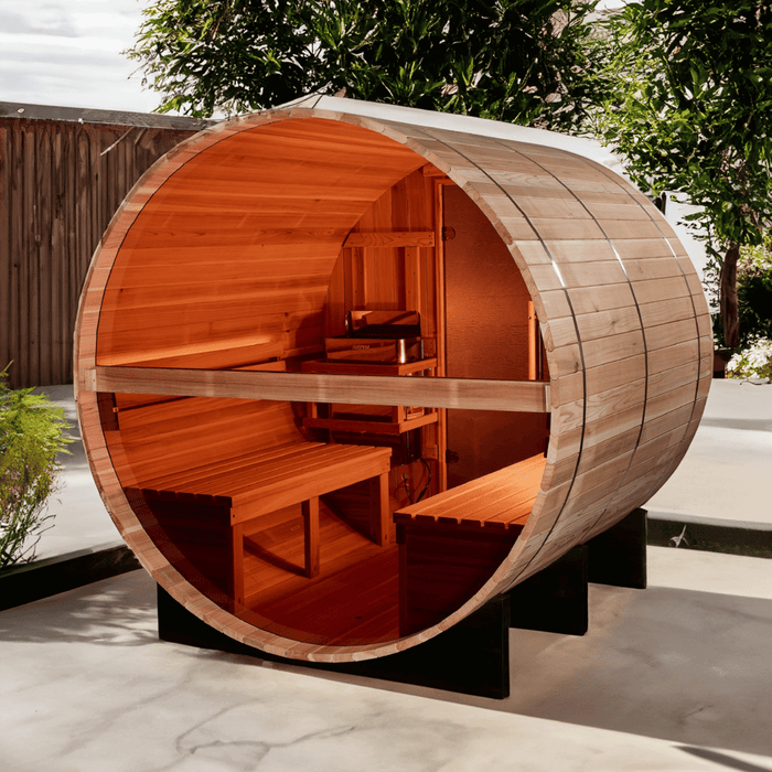 Golden Designs Zurich 4-Person Outdoor Barrel Sauna w/ Panoramic Rear Window & Harvia Traditional Electric Heater Kit | GDI-B024-01