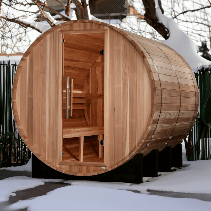 Golden Designs Klosters 6-Person Outdoor Barrel Sauna & Harvia Traditional Electric Heater Kit | GDI-B006-01