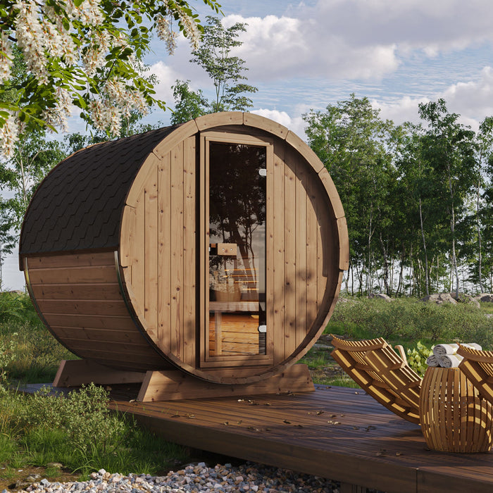 SaunaLife 4 Person 6' Long Outdoor Traditional Barrel Sauna | Ergo Model E7