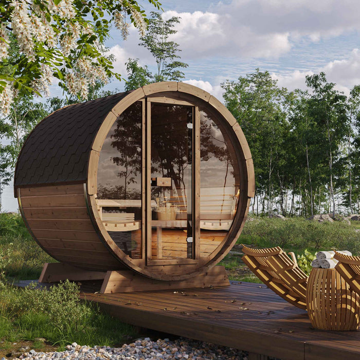 SaunaLife 6 Person 7' Long Outdoor Traditional Barrel Sauna w/ Glass Front | Ergo Model E8G