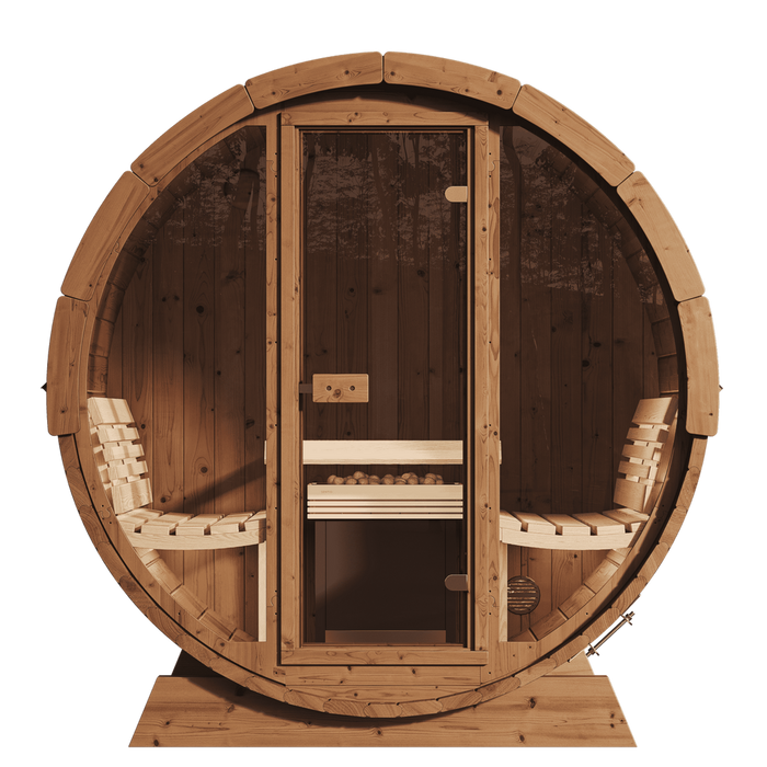 SaunaLife 6 Person 7' Long Outdoor Traditional Barrel Sauna w/ Glass Front | Ergo Model E8G