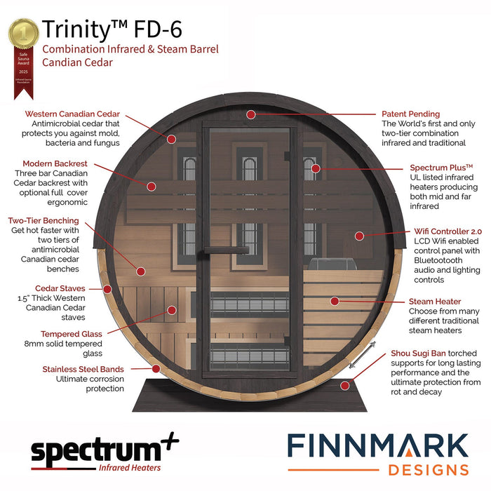 Finnmark 4-Person Hybrid Outdoor Infrared & Traditional Cedar Barrel Sauna | FD-6