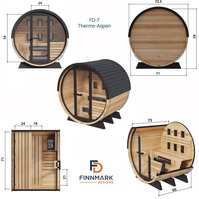 Finnmark 4-Person Hybrid Outdoor Infrared & Traditional Thermo-Aspen Barrel Sauna | FD-7