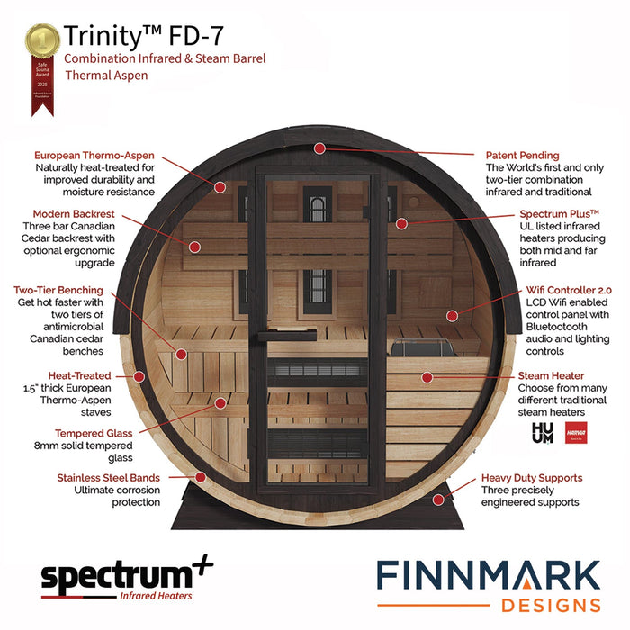 Finnmark 4-Person Hybrid Outdoor Infrared & Traditional Thermo-Aspen Barrel Sauna | FD-7