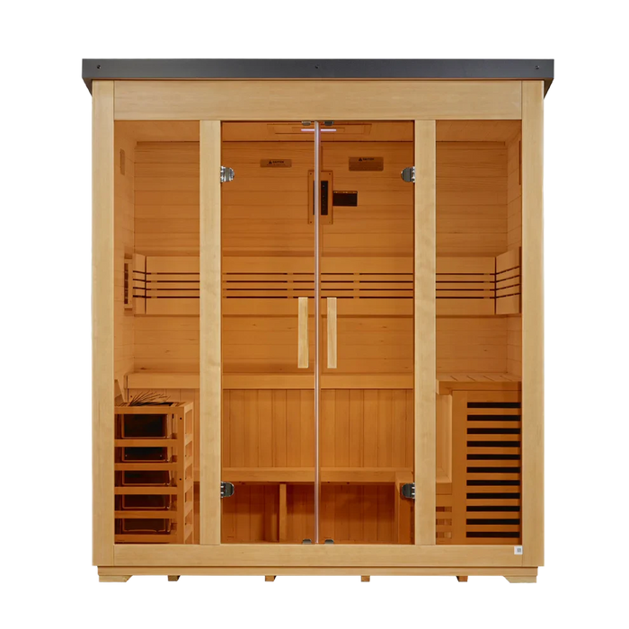 Golden Designs Vorarlberg 5-Person Outdoor Sauna & Harvia Traditional Electric Heater Kit + Red Light Therapy | Flat Roof GDI-8005-01