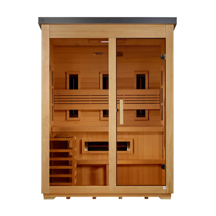 Golden Designs Carinthia 3-Person Hybrid Outdoor Sauna w/ Full Spectrum Indoor Infrared & Harvia Traditional Electric Heater Kit + Red Light Therapy | Flat Roof GDI-8023-01