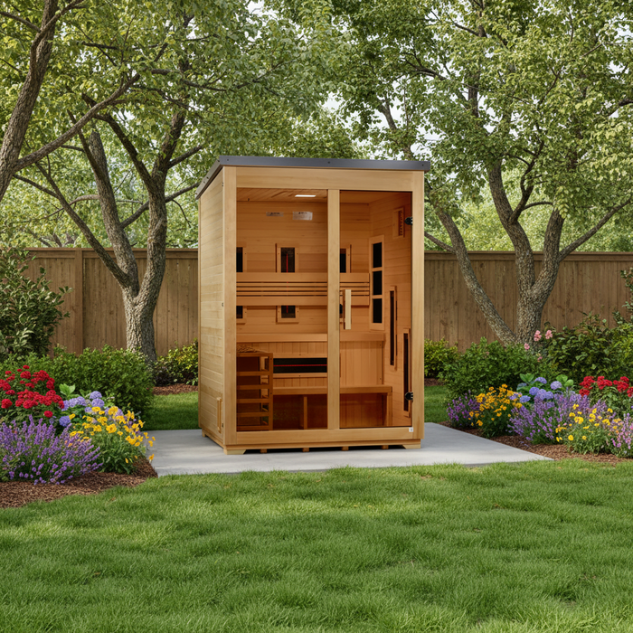 Golden Designs Carinthia 3-Person Hybrid Outdoor Sauna w/ Full Spectrum Indoor Infrared & Harvia Traditional Electric Heater Kit + Red Light Therapy | Flat Roof GDI-8023-01