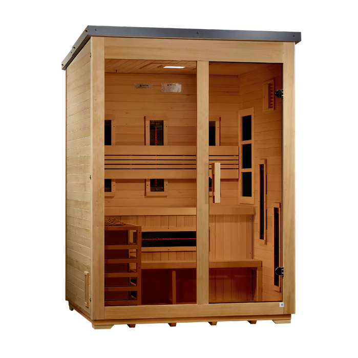Golden Designs Carinthia 3-Person Hybrid Outdoor Sauna w/ Full Spectrum Indoor Infrared & Harvia Traditional Electric Heater Kit + Red Light Therapy | Flat Roof GDI-8023-01