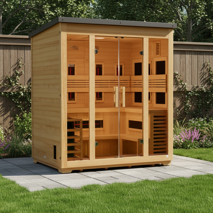 Golden Designs Gargellen 5-Person Hybrid Outdoor Sauna w/ Full Spectrum Infrared & Harvia Traditional Electric Heater Kit + Red Light Therapy | Flat Roof GDI‐8105‐01