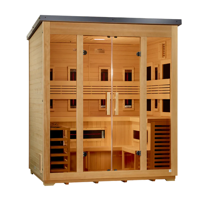 Golden Designs Gargellen 5-Person Hybrid Outdoor Sauna w/ Full Spectrum Infrared & Harvia Traditional Electric Heater Kit + Red Light Therapy | Flat Roof GDI‐8105‐01