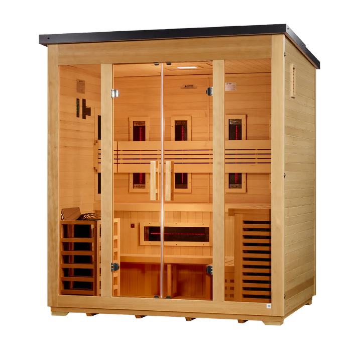 Golden Designs Gargellen 5-Person Hybrid Outdoor Sauna w/ Full Spectrum Infrared & Harvia Traditional Electric Heater Kit + Red Light Therapy | Flat Roof GDI‐8105‐01