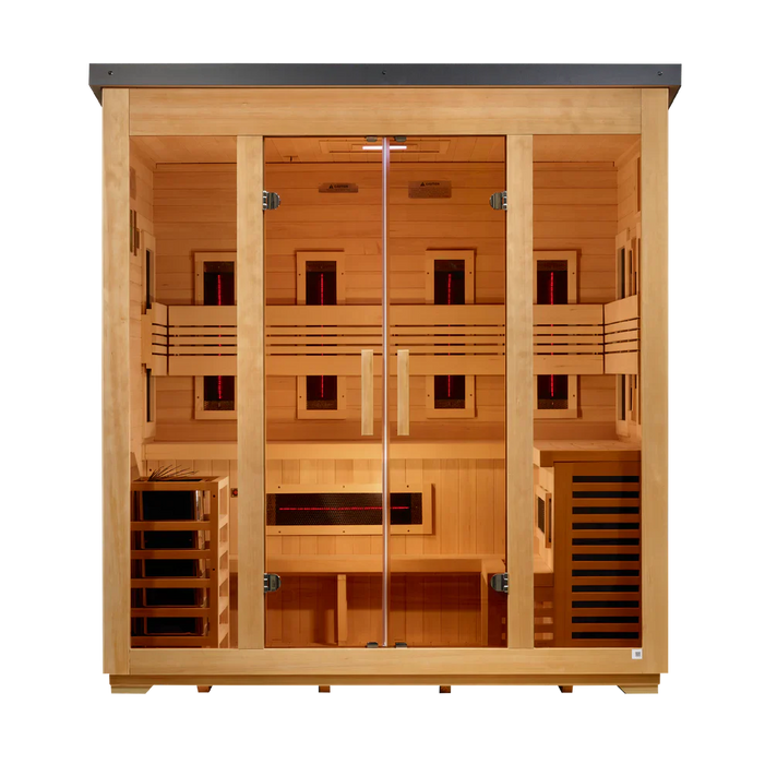 Golden Designs Gargellen 5-Person Hybrid Outdoor Sauna w/ Full Spectrum Infrared & Harvia Traditional Electric Heater Kit + Red Light Therapy | Flat Roof GDI‐8105‐01