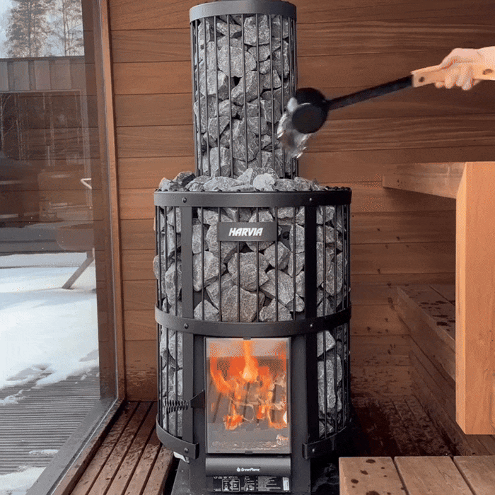 Harvia Legend 240 GreenFlame 15.9kW Wood Burning Stove Package w/ Chimney Kit, Rock Cage, Protective Bedding, Sheath, Stones