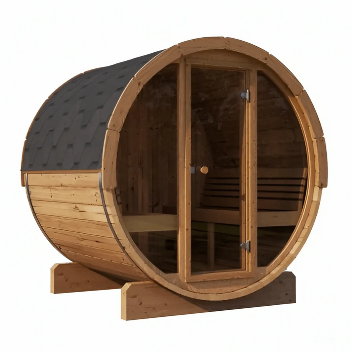 SaunaLife 4 Person 6' Long Outdoor Traditional Barrel Sauna w/ Glass Front | Ergo Model E7G