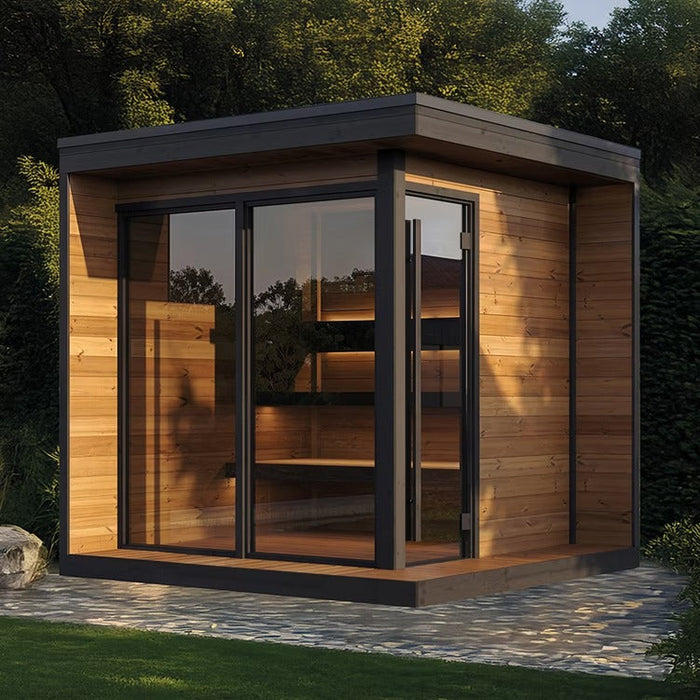 SaunaLife 6 Person Glass Corner Outdoor Traditional Sauna | Model GL6
