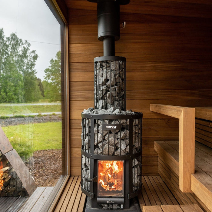 Harvia Legend 240 GreenFlame 15.9kW Wood Burning Stove Package w/ Chimney Kit, Rock Cage, Protective Bedding, Sheath, Stones