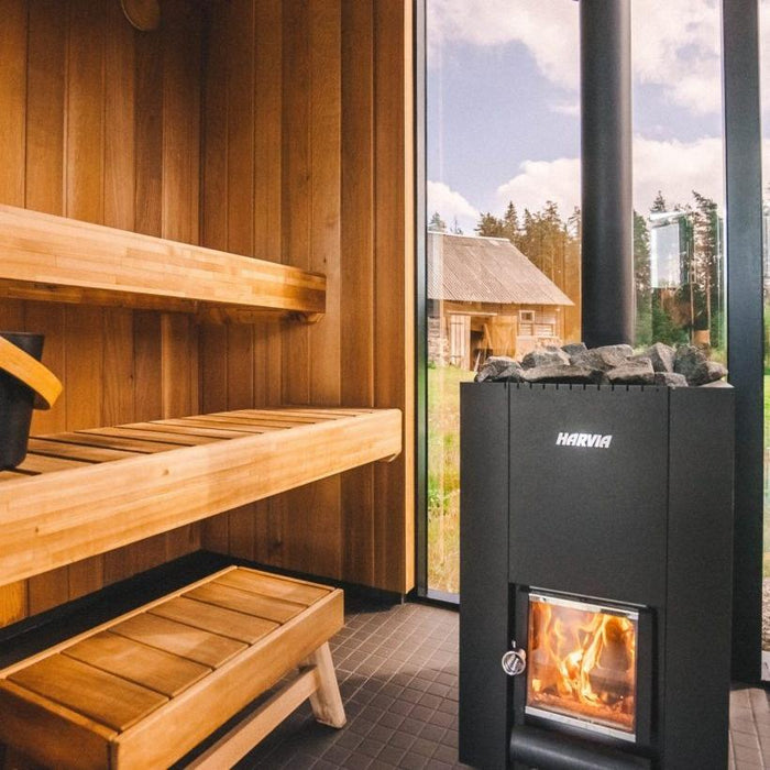 Harvia Linear 16 17.9k Wood Burning Stove Package w/ Chimney Kit, Protective Bedding, Sheath, Stones