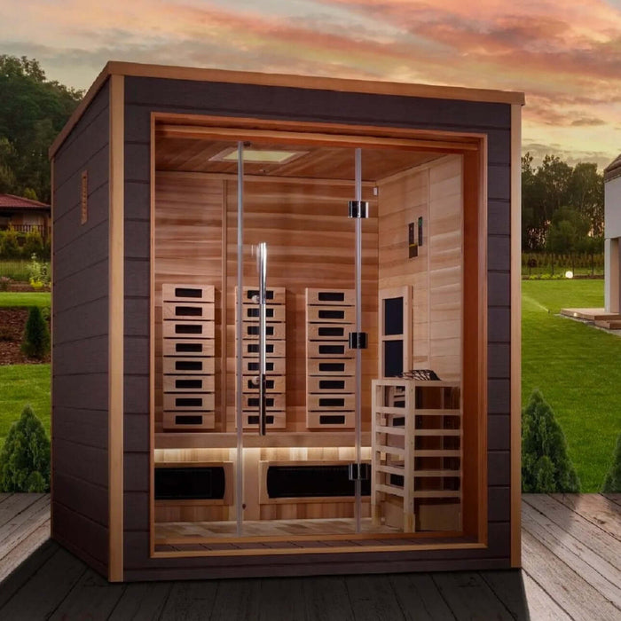 Golden Designs Karlstad 6-Person Hybrid Outdoor Sauna w/ Full Spectrum Infrared & Harvia Traditional Electric Heater + Red Light Therapy Kit | GDI-8226-01