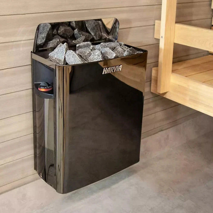 Harvia The Wall 6/8kW 240V Black Steel Electric Heater Package w/ Built-In Knob Controls and Stones