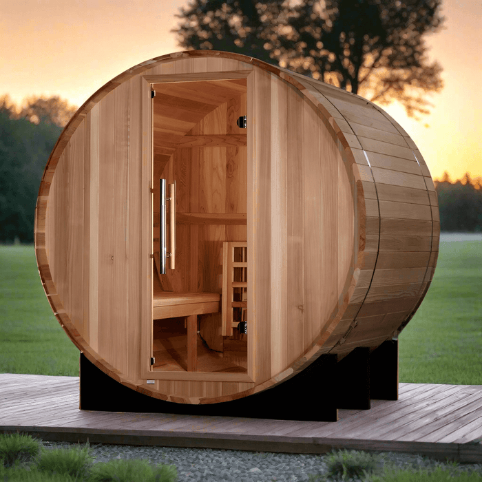 Golden Designs St. Moritz 2-4 Person Outdoor Barrel Sauna & Harvia Traditional Electric Heater Kit | GDI-B002-01