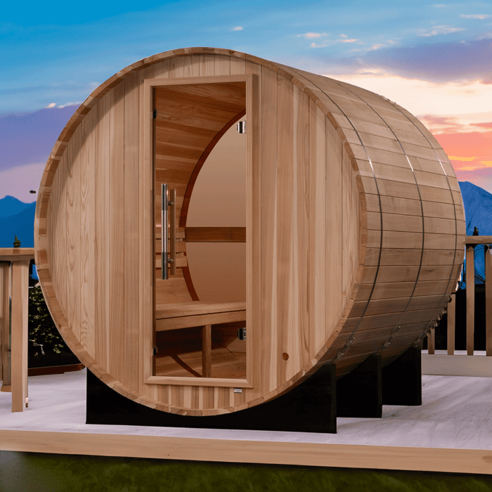 Golden Designs Zurich 4-Person Outdoor Barrel Sauna w/ Panoramic Rear Window & Harvia Traditional Electric Heater Kit | GDI-B024-01