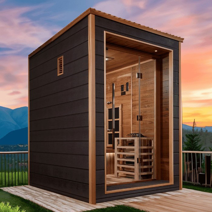 Golden Designs Nora 2-Person Hybrid Outdoor Sauna w/ Full Spectrum Infrared & Harvia Traditional Electric Heater + Red Light Therapy Kit | GDI-8222-01