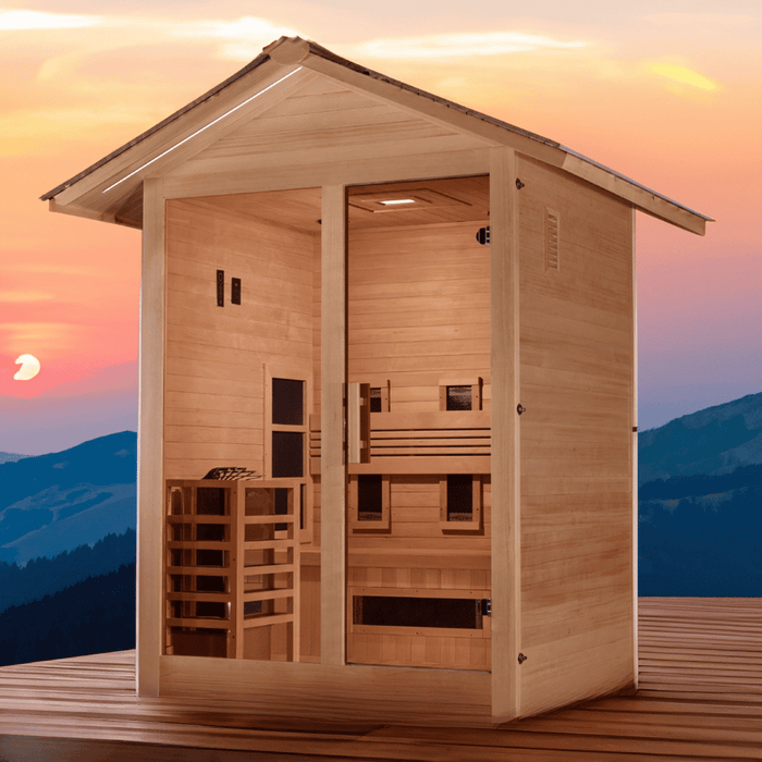 Golden Designs Carinthia 3-Person Hybrid Outdoor Sauna w/ Full Spectrum Indoor Infrared & Harvia Traditional Electric Heater Kit + Red Light Therapy | GDI-8123-01