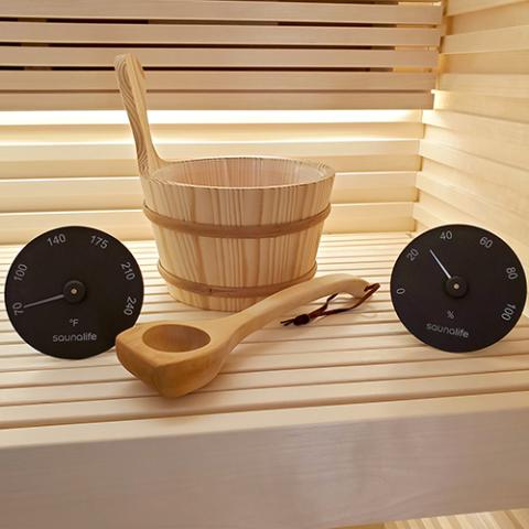 SaunaLife Wooden 1-Gallon Sauna Bucket, Wood Ladle, Thermometer, Hygrometer | Sauna Accessory Package