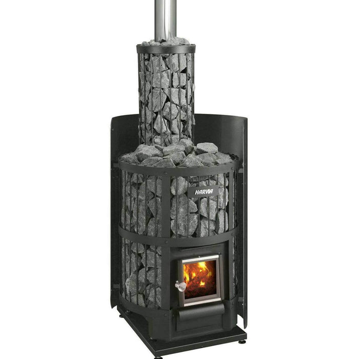 Harvia Legend 150 16kW Wood Burning Stove Package w/ Chimney Kit, Rock Cage, Protective Bedding, Sheath, Stones